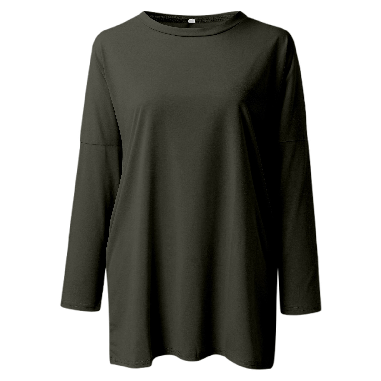 thumbnail image 5 of Camiseta de manga larga con cuello redondo y bolsillos para mujer: color liso, tejido elástico suave, camiseta larga informal para el día a día y la playa., 5 of 5
